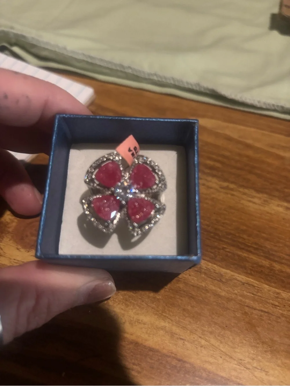 Elegant pink Floral Crystal Ring - size 8 Sterling silver